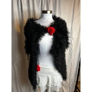 Vintage Black Eyelash Knit Confetti Shawl Wrap with Red Crochet Roses One Size